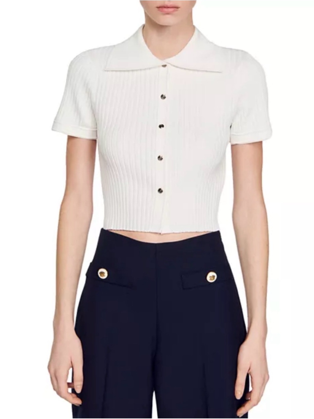 Sandro Cream Ribbed Short-Sleeve Button-Down Polo Top